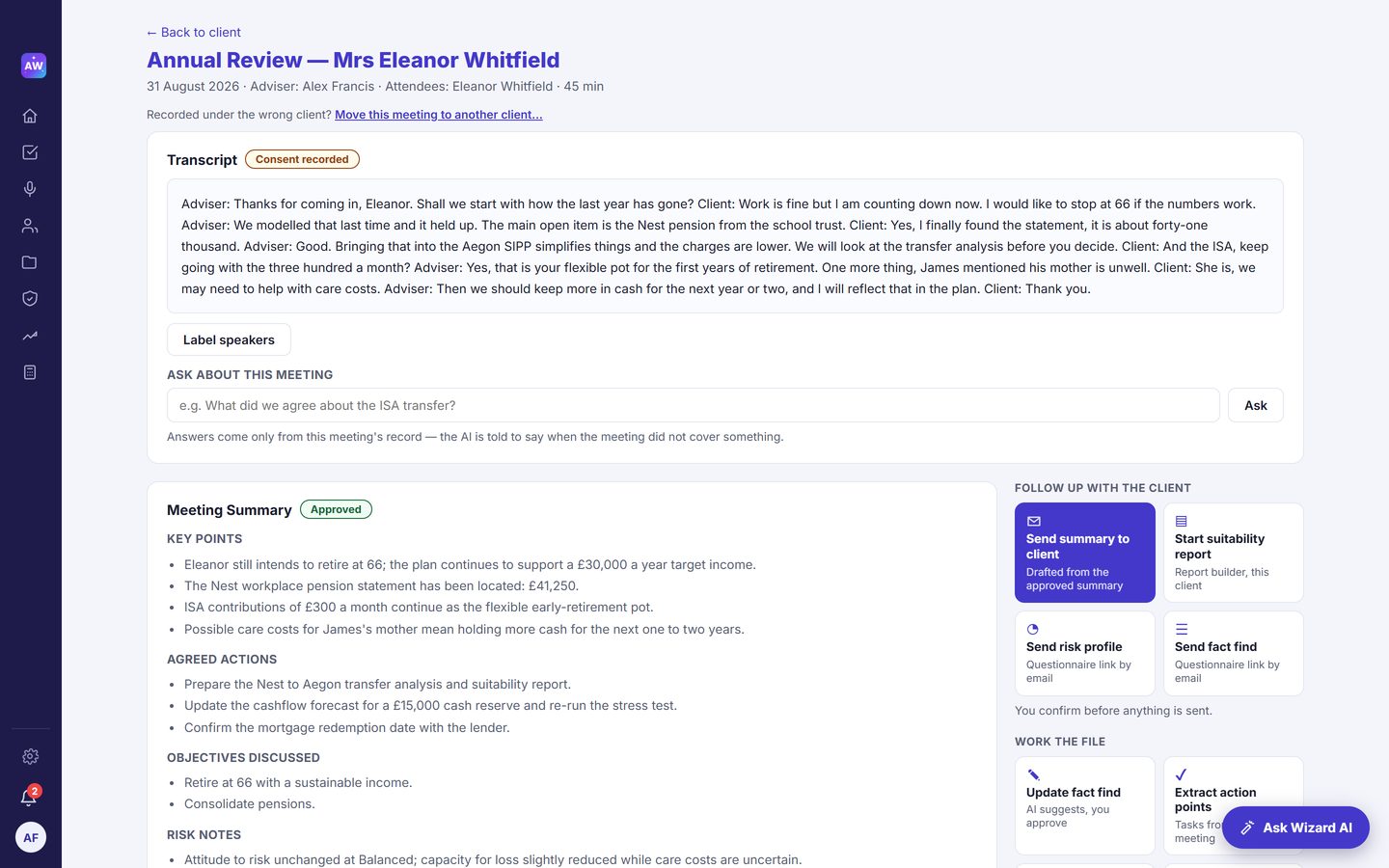 A meeting review: the consented transcript, the AI-drafted summary marked Approved, and the follow-up actions the adviser confirms before anything is sent.